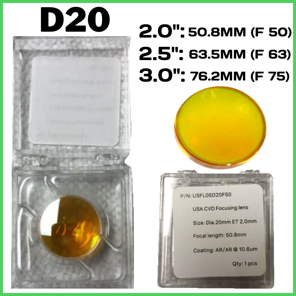 D20 (50.8mm, 63.5mm, 76.2mm) CVD Focal Lens - Laser Optic length ZnSe meniscus focus 20 mm diameter lenses FlexMax Laser