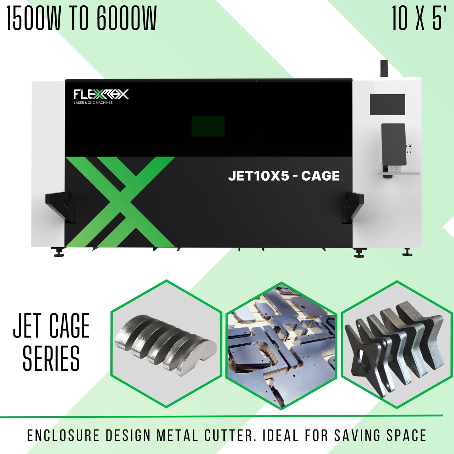 2000W to 6000W Fully Enclosed FlexMax Fiber Laser Metal Cutter JET CAGE Series 10x5' Workingarea