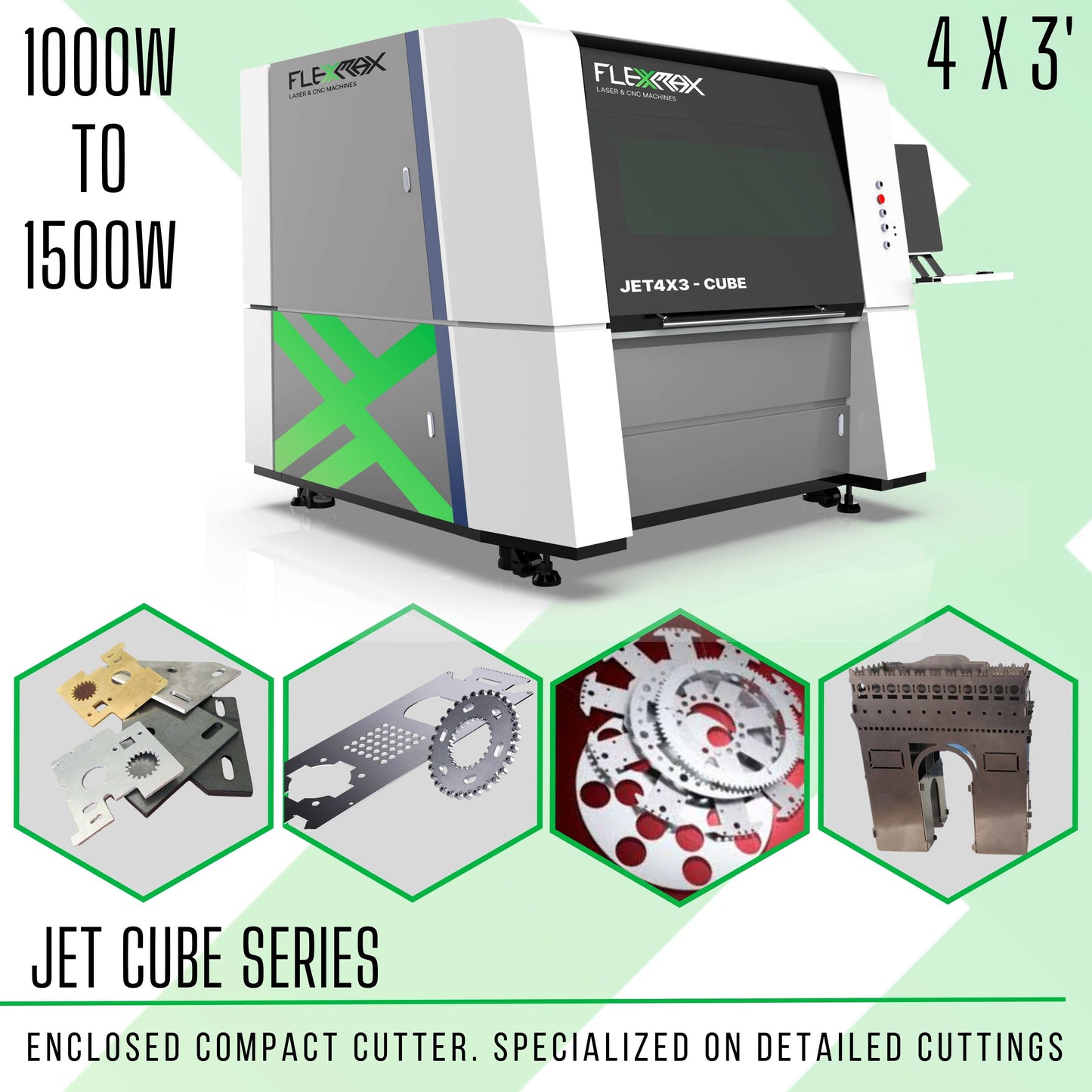1000W to 1500W Fully Enclosed FlexMax Fiber Laser Metal Cutter JET CUBE Series 4x3' Workingarea