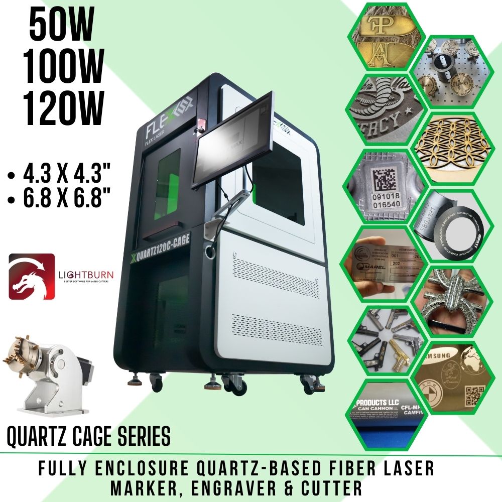 Fully enclosure 50W, 100W & 120W Industrial Grade workstation fiber engraver, marker and cutter QUARTZ CAGE Series FlexMax Laser