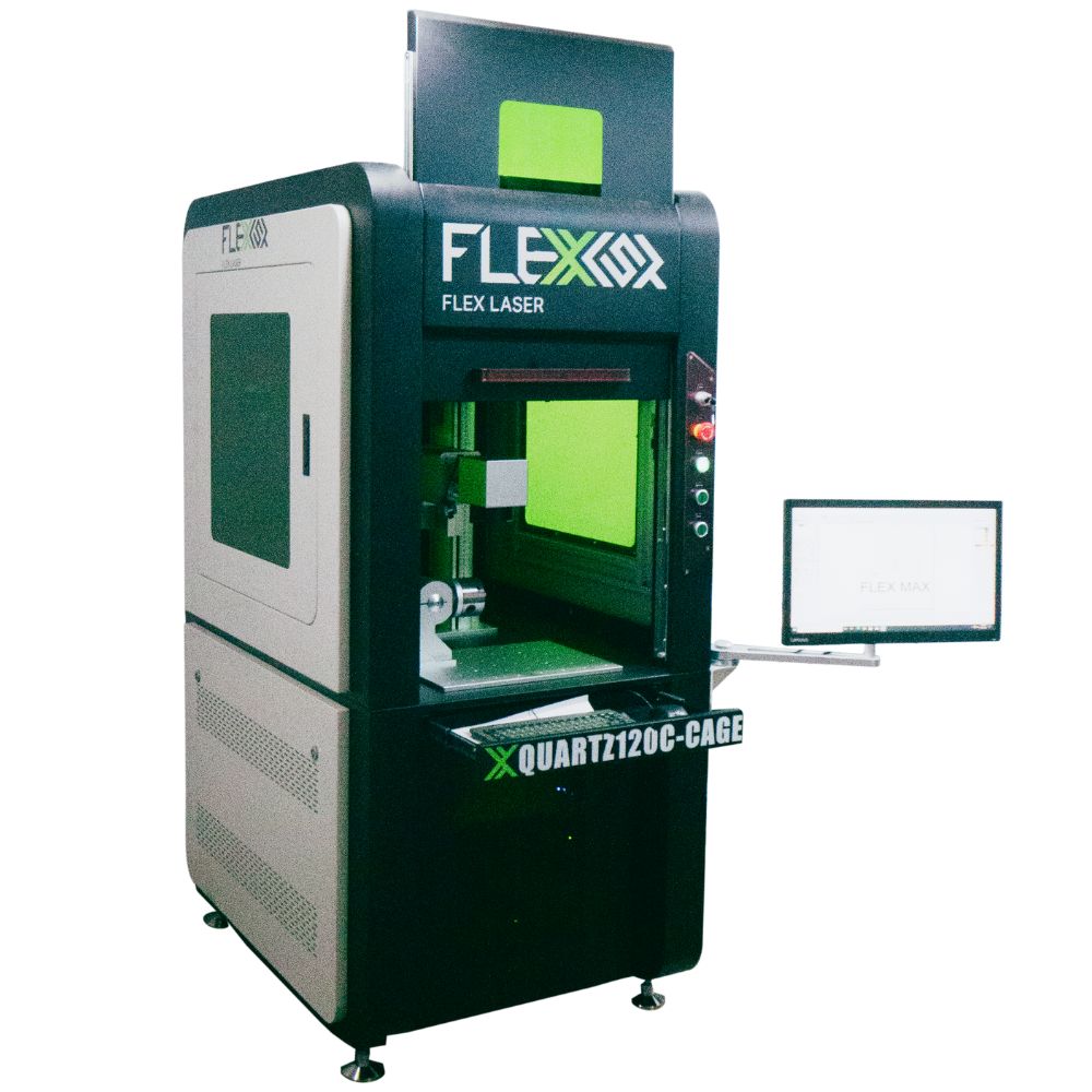 Fully enclosure 50W, 100W & 120W Industrial Grade workstation fiber engraver, marker and cutter QUARTZ CAGE Series FlexMax Laser