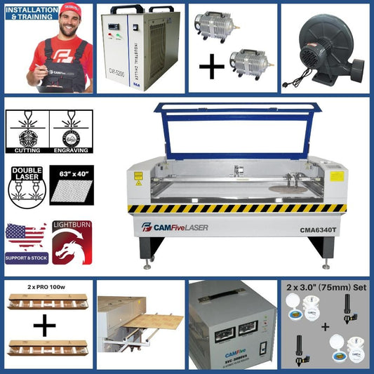 Full Package - 63 x 40 inches Flex Laser CO2 Double Tube Cutter & Engraver CMA6340T Machine for Cutting and Engraving Wood, Acrylic, Fabric and more