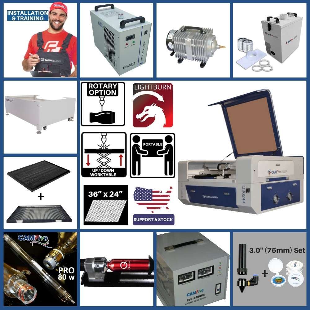 Full Package - 36 x 24 inches Desktop Flex Laser Up-Down CO2 Cutter & Engraver Q3624K Cutting and Engraving Machine for Hobby, Small Business, and Home Use