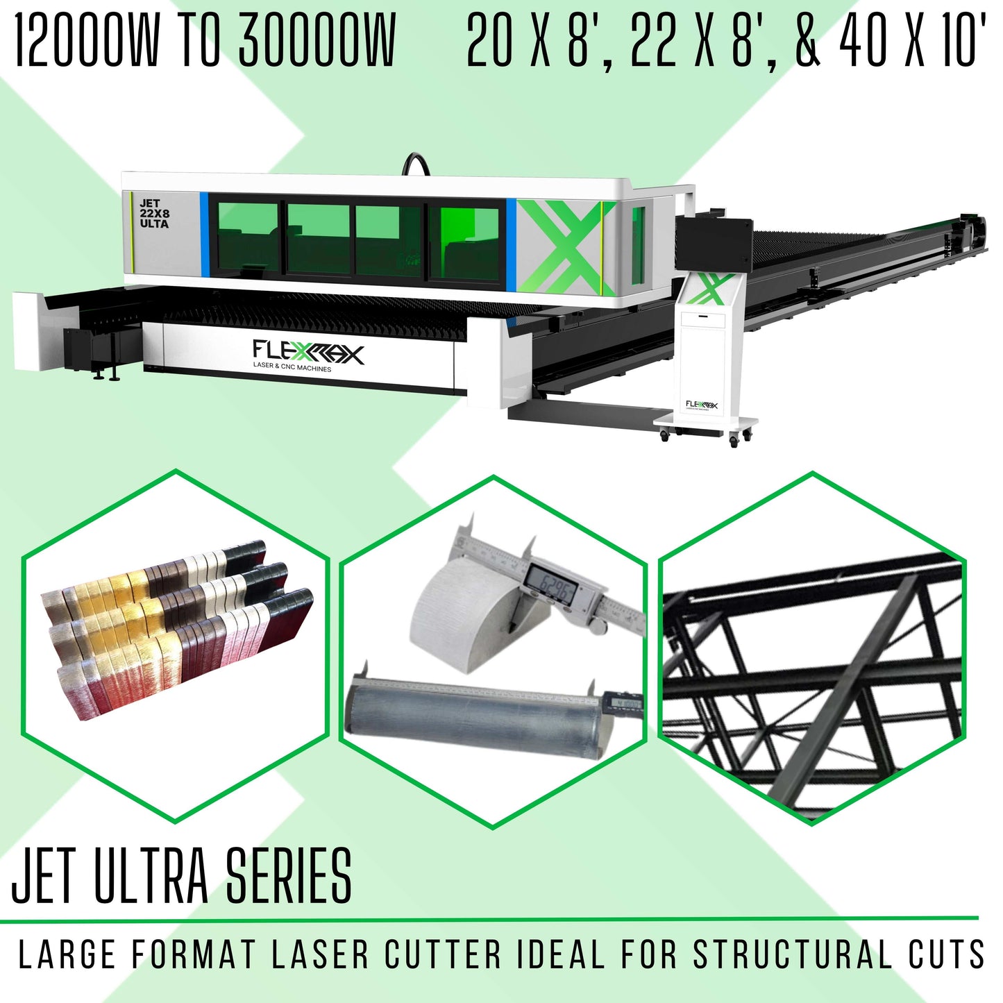 12000W to 30000W Large Format Metal Cutter FlexMax Fiber Laser JET ULTRA Series 20x8', 26x8' and 40x10' Worktables