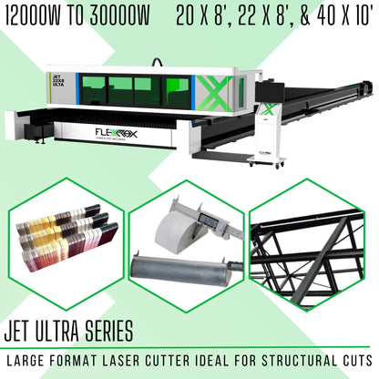 12000W to 30000W Large Format Metal Cutter FlexMax Fiber Laser JET ULTRA Series 20x8', 26x8' and 40x10' Worktables