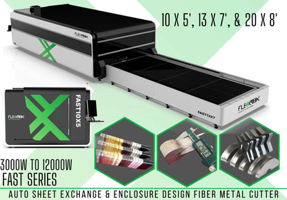 3000W to 12000W Fully Enclosure & Auto Sheet Exchange FlexMax Fiber Laser Metal Cutter FAST Series 10x5', 13x7' and 20x8' Worktables