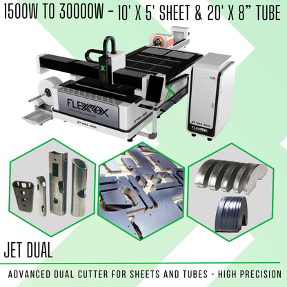1500W to 3000W FlexMax Fiber Laser Metal Cutter JET DUAL Series for 10x5' sheets and 20' tubes cutting area