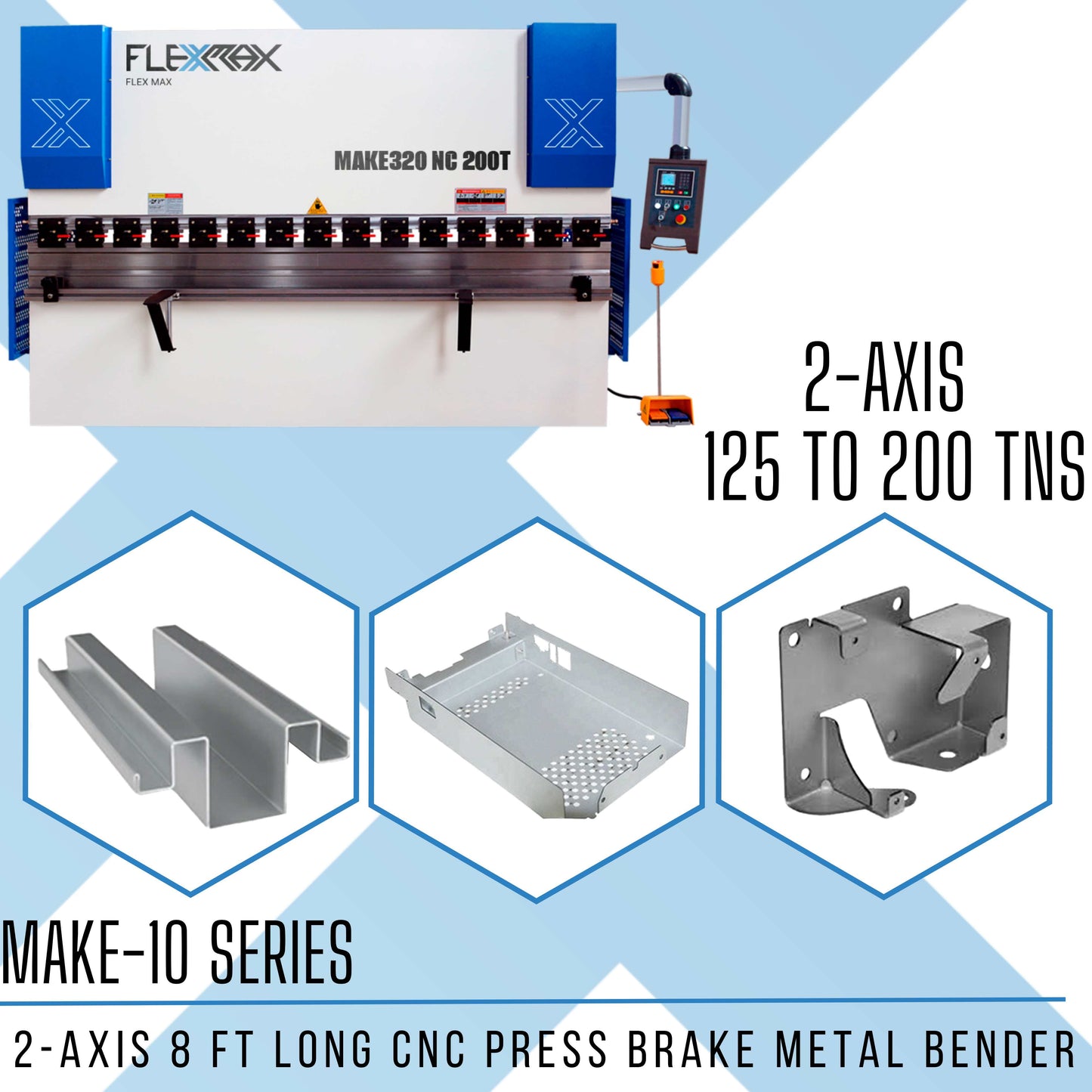 125tns to 200tns, 10ft long FlexMax CNC 2-AXIS MAKE-10 Series Hydraulic Press Brake Metal Bender