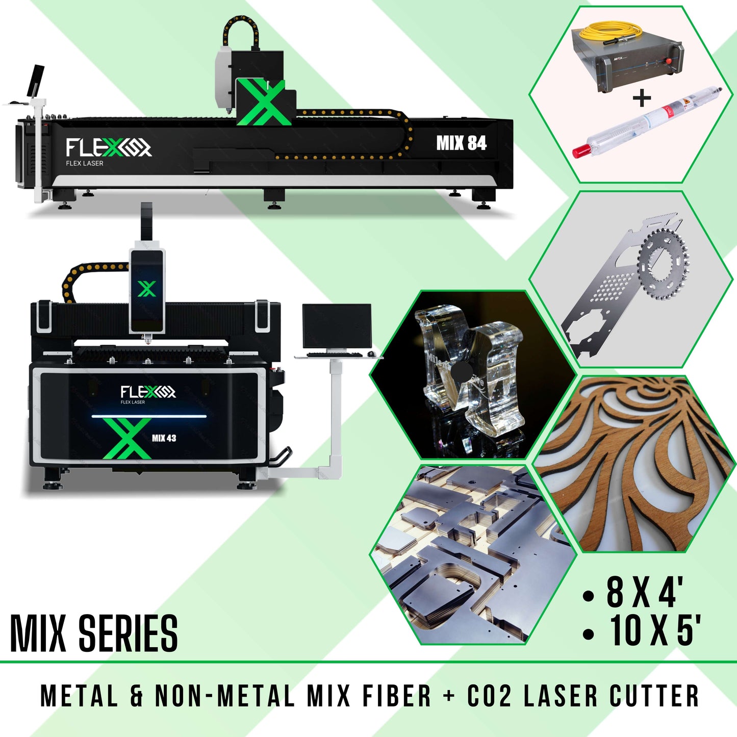 1500W to 3000W Fiber + 150W CO2 MIX Series Metal and Non-Metal Cutter 8 x 4 or 10x5 ft cutting table